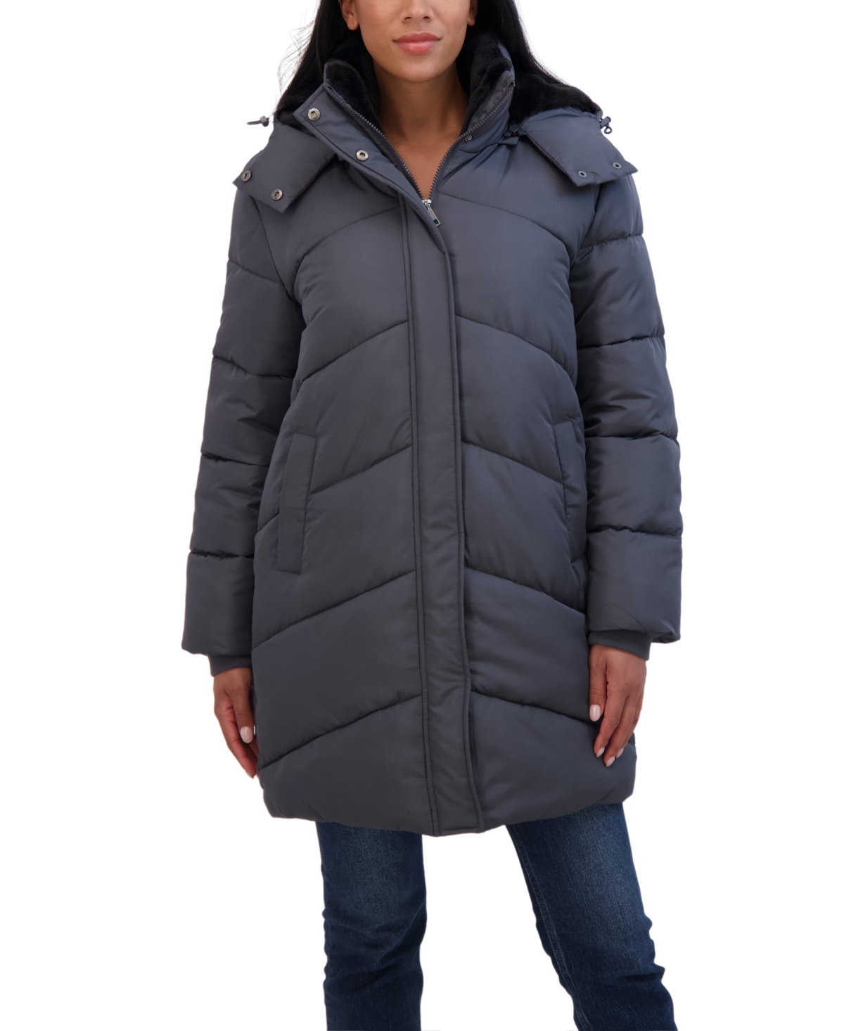 Women's 3/4 Cozy Lined Hooded Puffer Coat - Grey