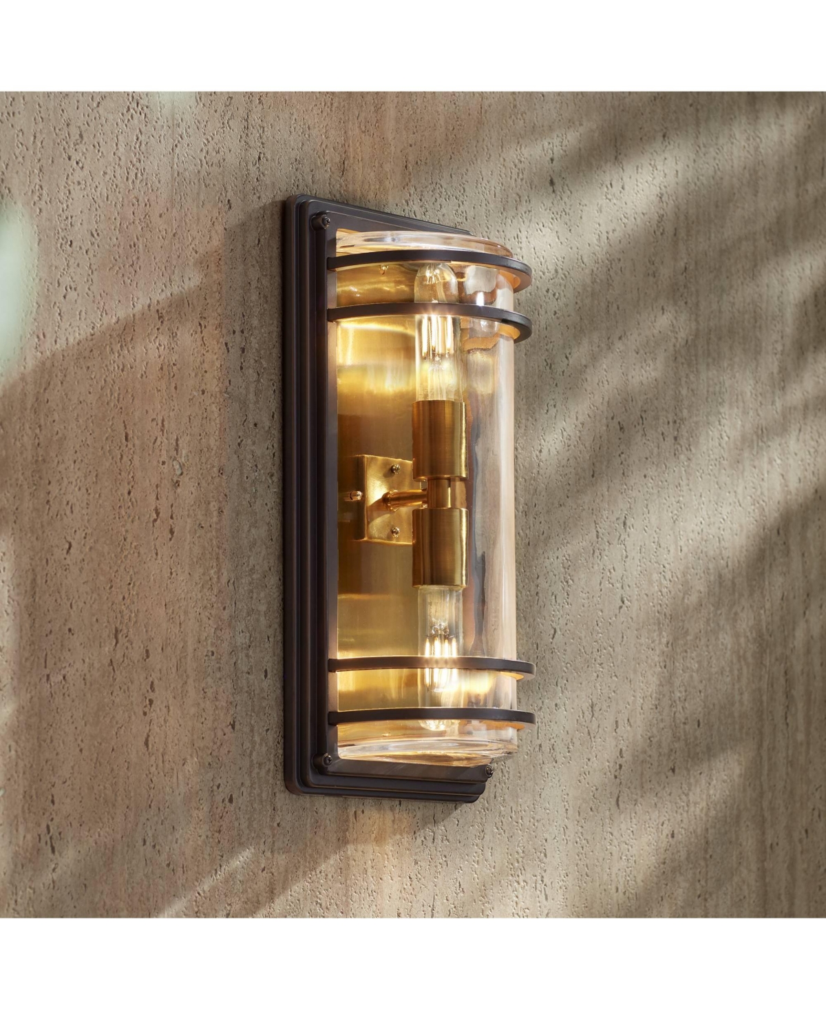 John Timberland Habitat Modern Industrial Outdoor Wall Light Fixture Bronze Warm Brass Steel Clear Glass for Exterior House Porch Patio Outside De