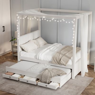 Streamdale Full Size Upholstered Canopy Bed with Trundle and Drawers
