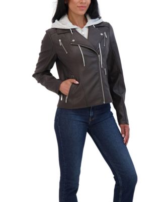 Women's Faux Leather Biker Jacket With Removeable Hood Bib