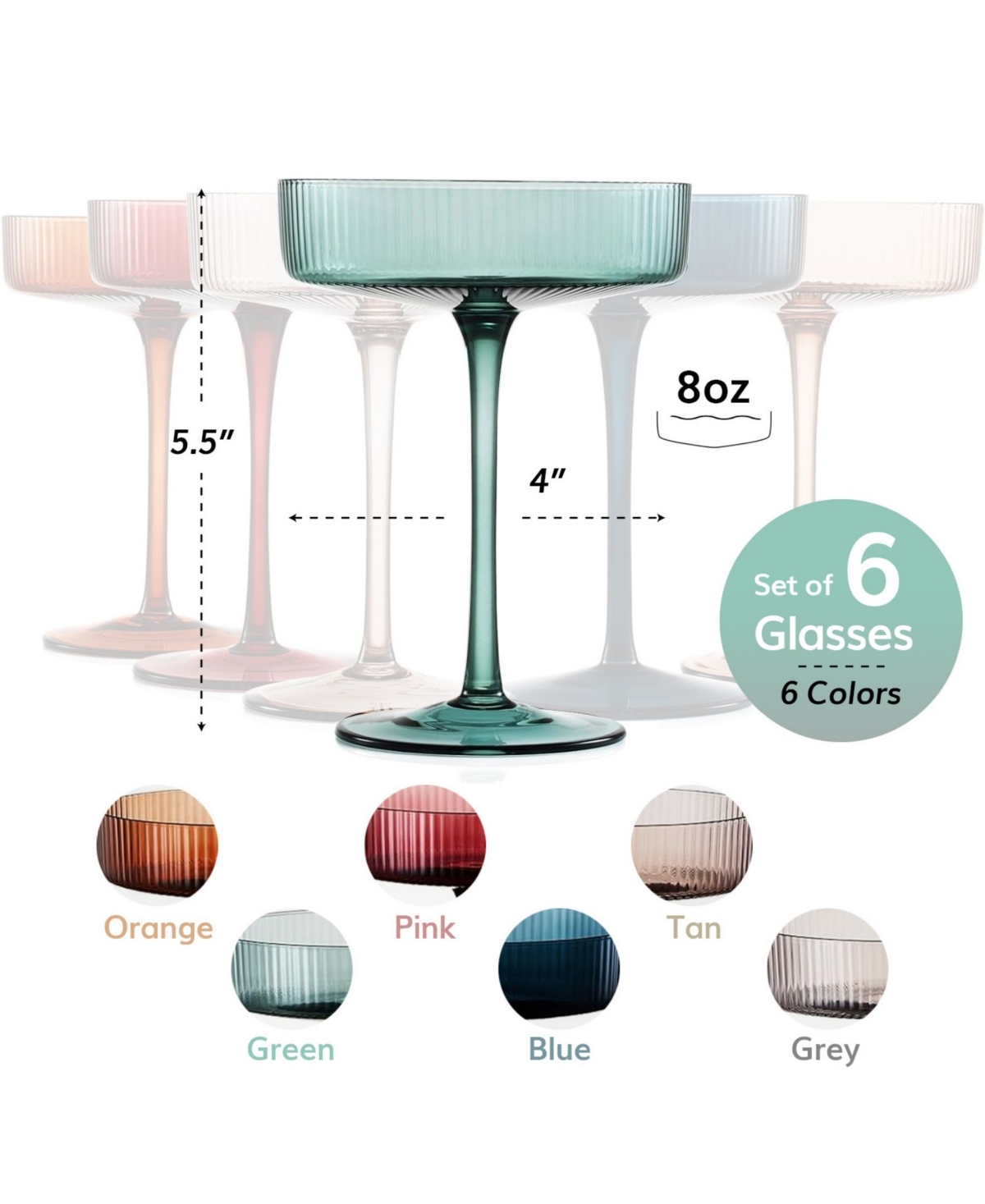 The Wine Savant Colored Classic Art Deco Coupe Glasses Set Of 6 In Multicolor