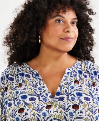 Plus Size Printed Split-Neck Popover Blouse, Created for Style & Co