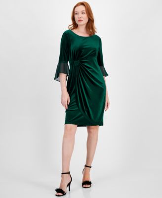 Connected - Women's Velvet Side-Gathered Bell-Sleeve Dress
