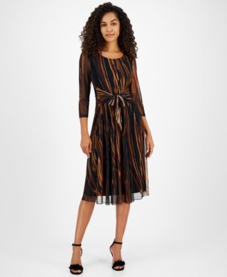 Connected - Women's Printed Tie-Waist Mesh-Sleeve Dress
