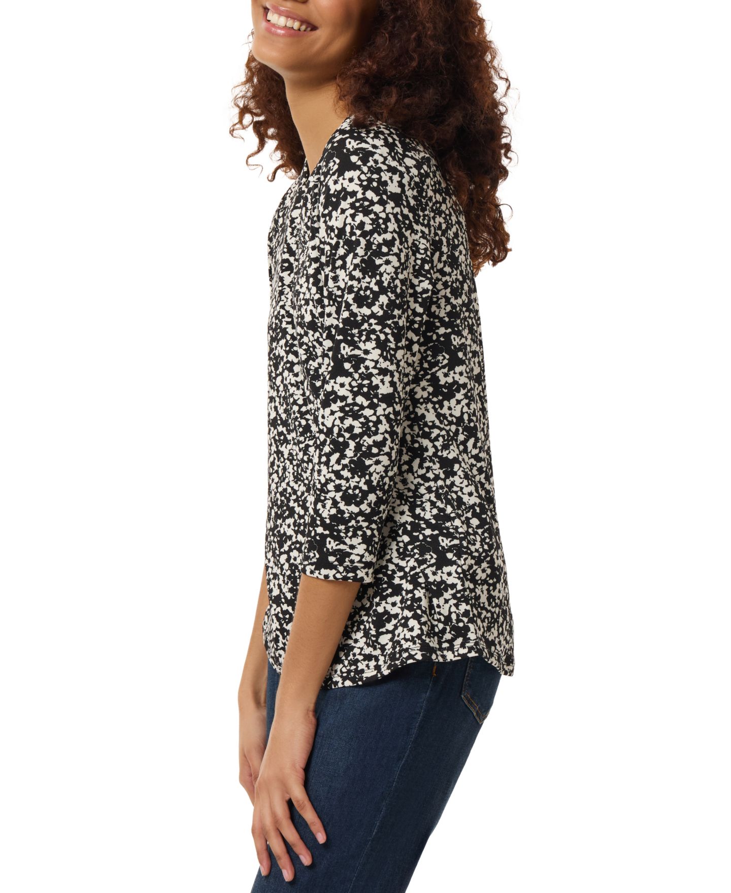 Женский топ Jones New York Petite Floral-Print 3/4 Sleeve, цвет: Чёрный — фото 3