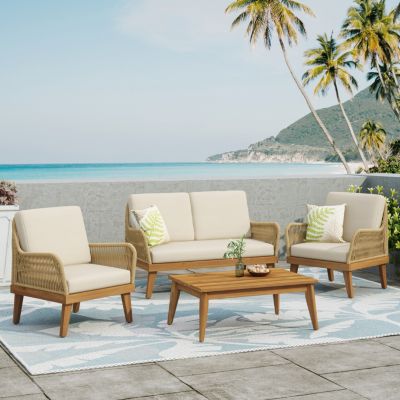 Streamdale Acacia Wood Chat Set With Rope Weave And Water-Resistant Cushions