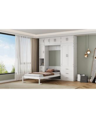 Twin Size Murphy Bed with Lockers & Wardrobes, White