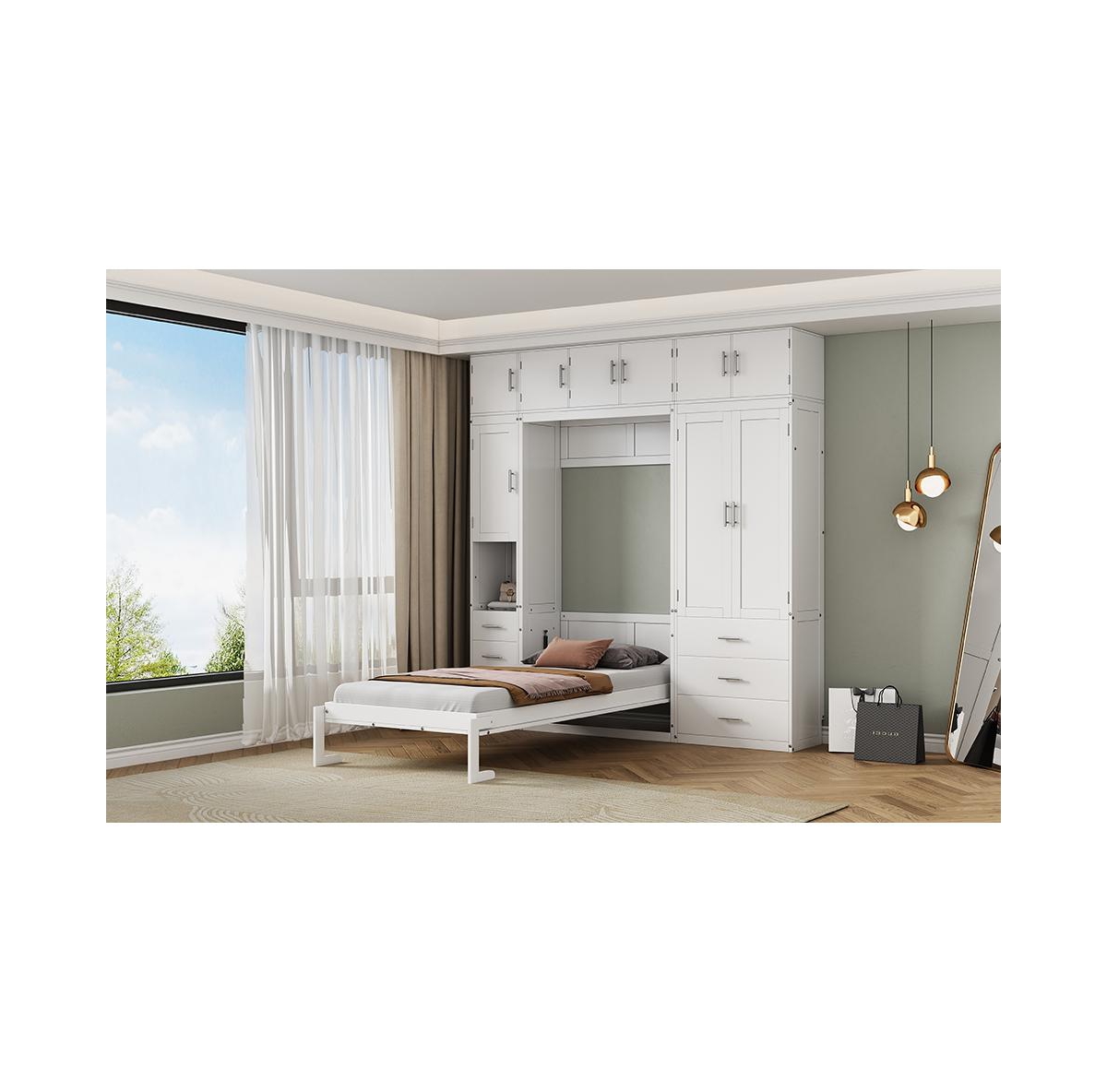 Streamdale Furniture Twin Size Murphy Bed with Lockers & Wardrobes, White