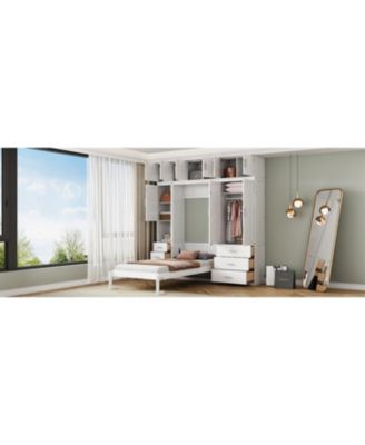 Twin Size Murphy Bed with Lockers & Wardrobes, White