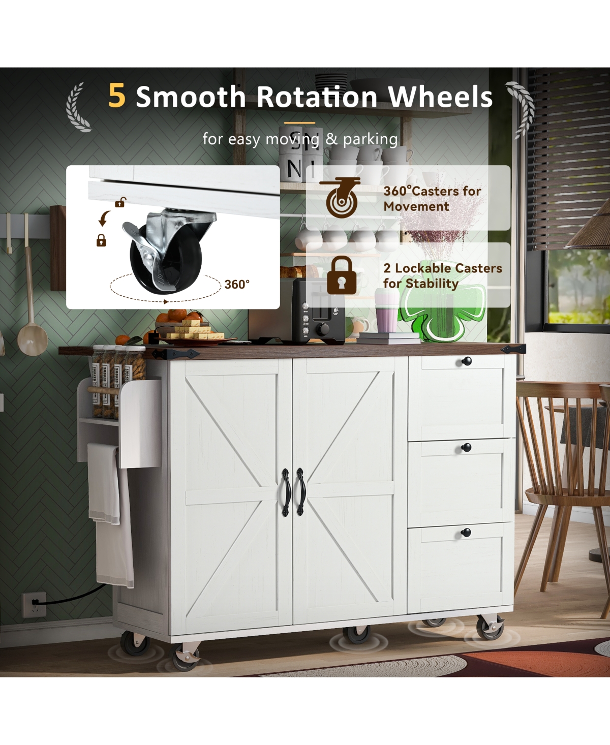 Streamdale Furniture Black Farmhouse Kitchen Island with Storage, Drop Leaf, Power Outlet, Wheels