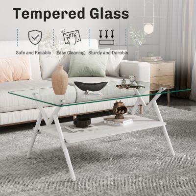 Modern Glass Coffee Table with White Metal Legs