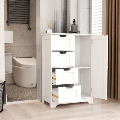 White Freestanding Storage Cabinet with Adjustable Shelves, Drawers, and Door