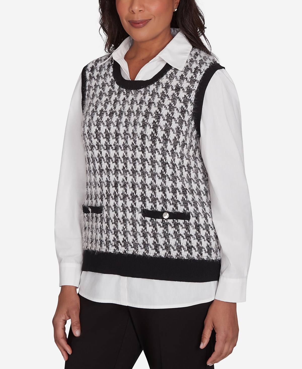 Alfred Dunner Petite Runway Ready Collared Houndstooth Vest Two In One Sweater In Multi Black