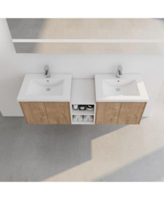 Wall Mount Vanity with Soft Close Doors, Resin Sink, Storage Shelves