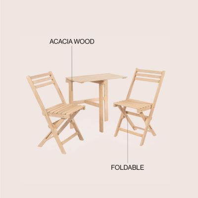 Nerja Modern Traditional 3-Piece Acacia Wood Half-Rectangular Outdoor Folding Bistro Set