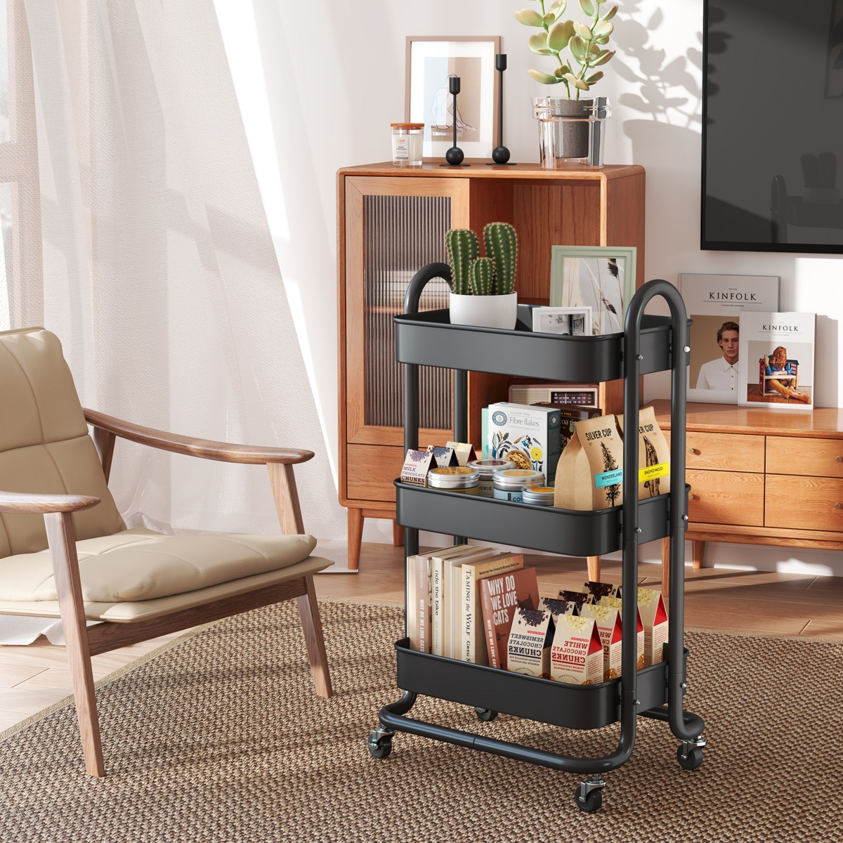 Sugift 3 Tier Rolling Cart Utility Cart with Lockable Wheels Rolling Metal Storage