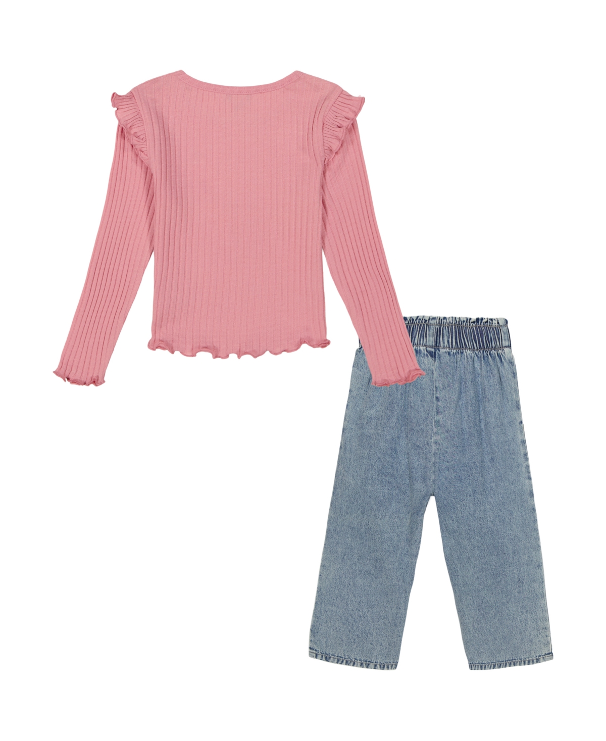 Calvin Klein Toddler and Little Girls Long Sleeve Flutter-Trim Ribbed Top and Denim Paper-bag Waist Pants -Medium Light Wash
