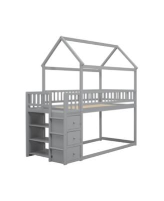 Simplie Fun Twin House Bunk Bed with Storage and Play Area in Gray