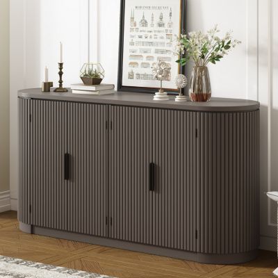 Vertical Striped Cabinet with Adjustable Shelves & Metal Handles