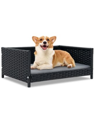 Rattan Dog Bed with Waterproof Soft Cushion for Medium Small Dogs Cats-Grey