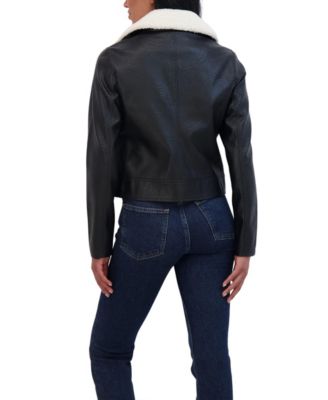 Women's s Faux Leather Moto Jacket With Detachable Faux Fur Collar