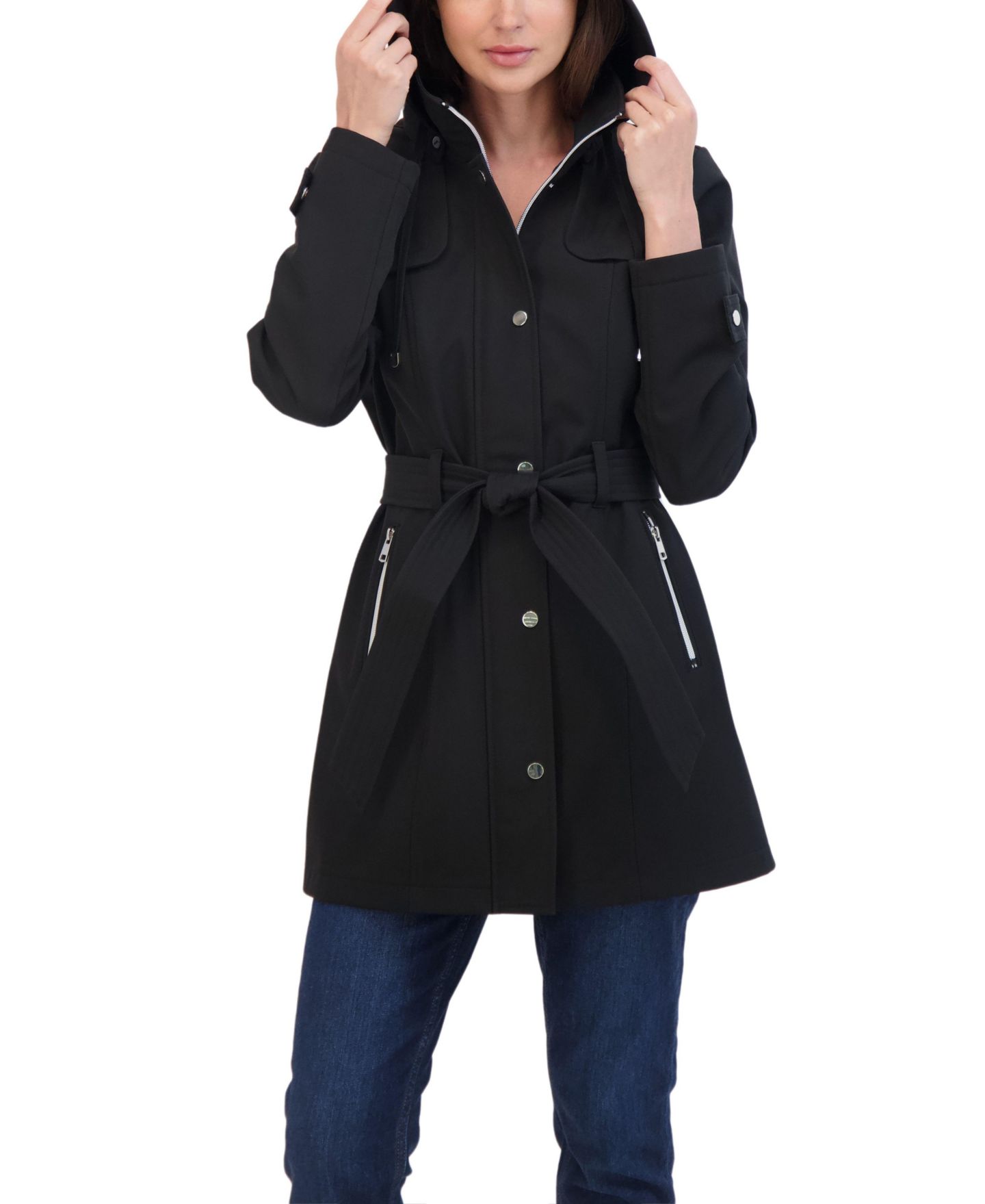 Женское пальто Sebby Collection Belted Zip Front Soft Shell Trench Coat With Detachable Hood, цвет: Чёрный — фото 4