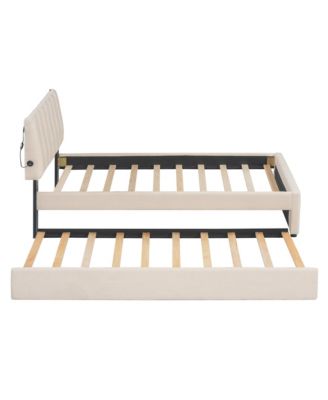 Streamdale Teddy Fleece Twin Platform Bed with Trundle, LED Lights, Beige