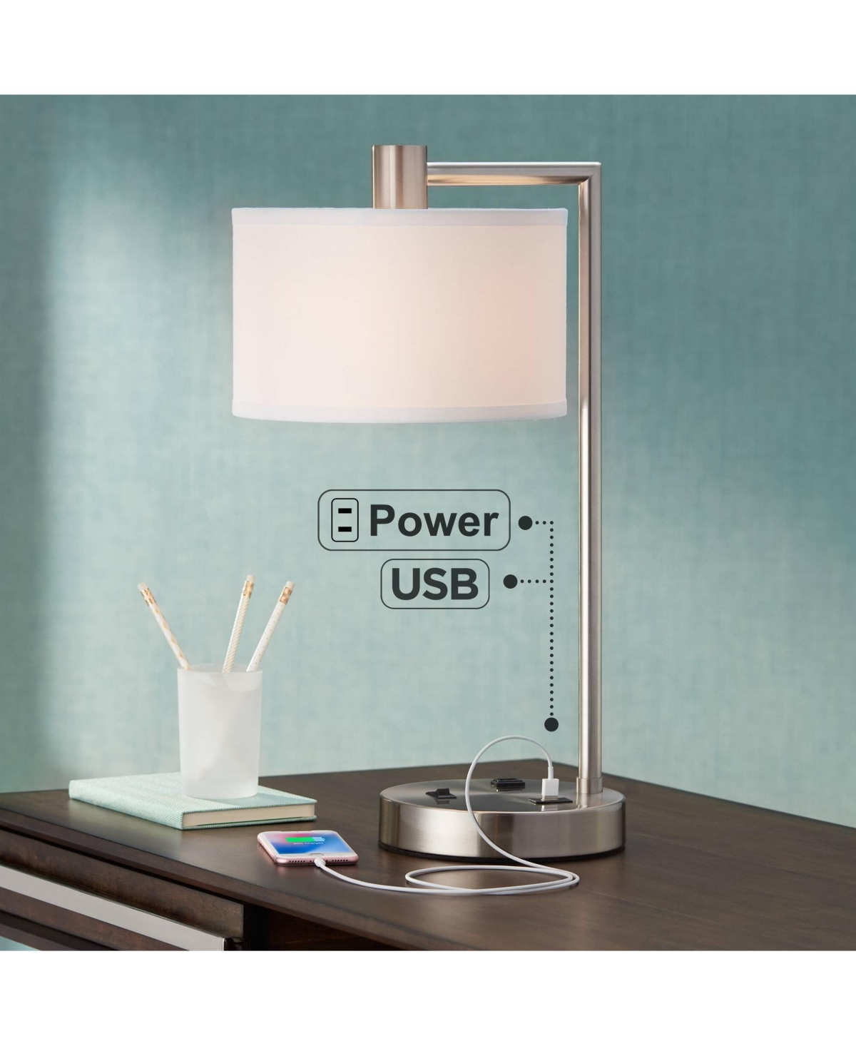 Colby Modern Desk Table Lamp with Hotel Style Usb and Ac Power Outlet in Base 21" High Brushed Nickel White Linen Drum Shade for Living Room Bedr