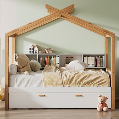 Twin House Bed with Trundle & Bookshelves