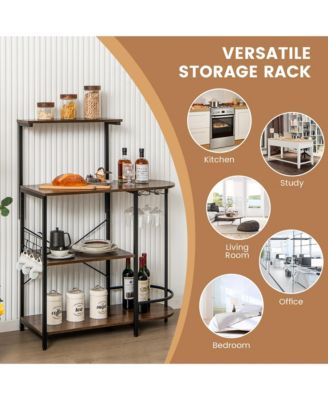 Kitchen Bakers Rack Microwave Stand Coffee Bar w/ S-Hooks & Stemware Holder