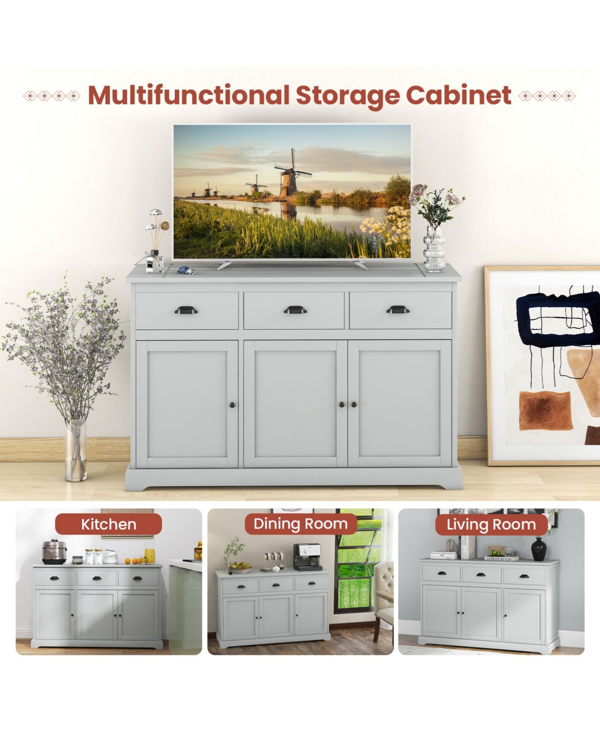 Slickblue 3 Drawers Sideboard Buffet Storage with Adjustable Shelves