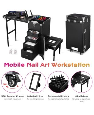 Rolling Makeup Train Case Patented Design Pedicure Nail Salon Nail Foldable Trolley Cosmetic Organizer Black with Stool