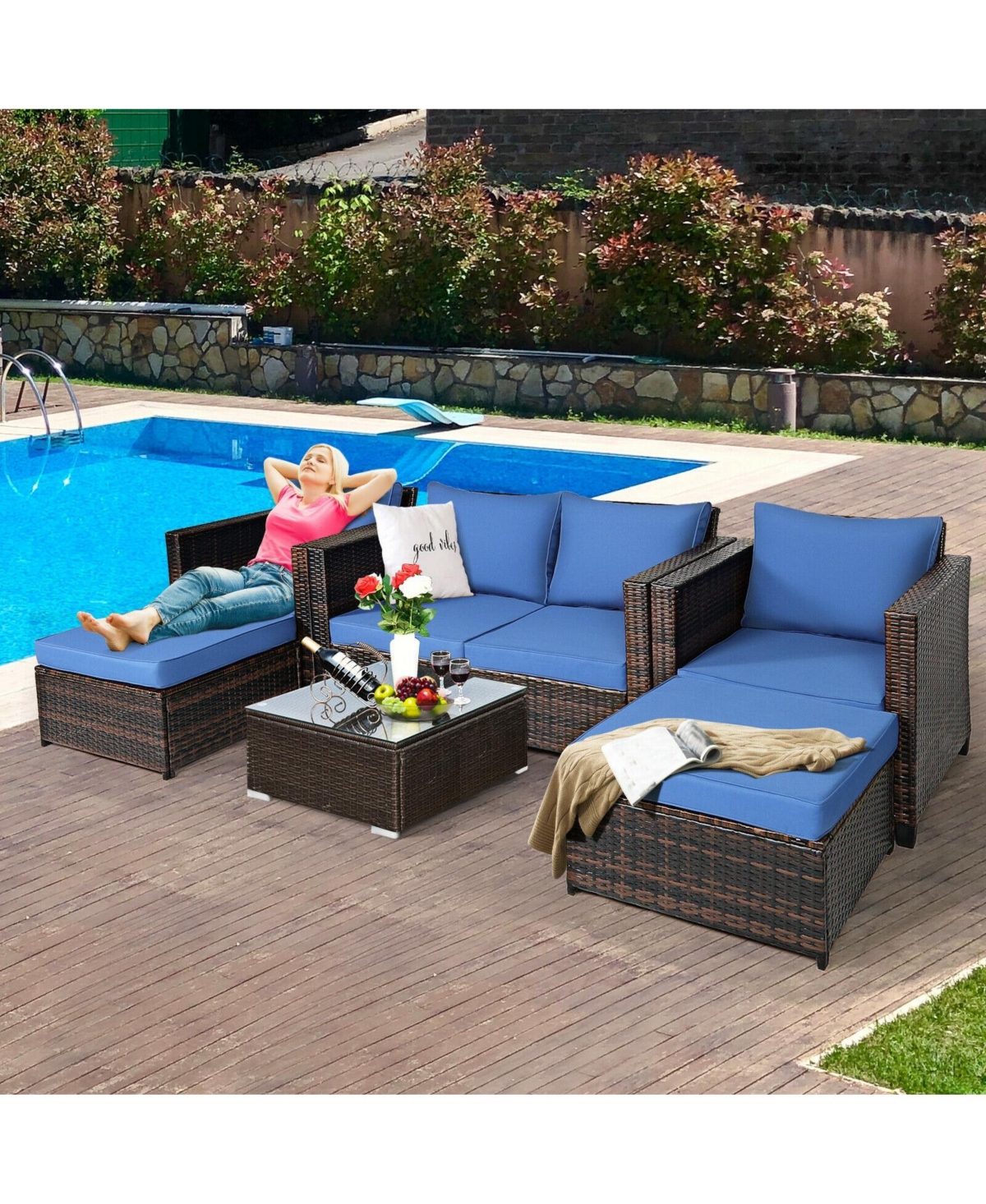 5 Pieces Patio Rattan Furniture Set Conversation Sets with Removable Cushions