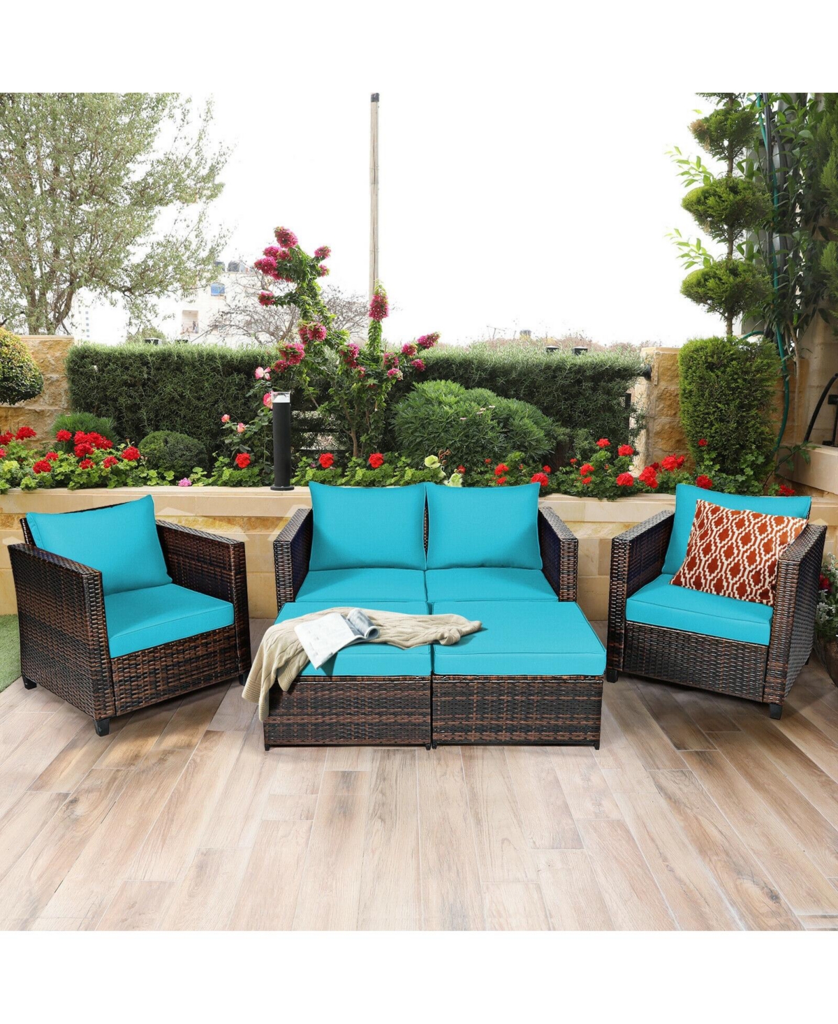 5 Pieces Patio Rattan Furniture Set Conversation Sets with Removable Cushions