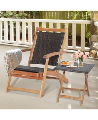 2 Pieces Patio Rattan Folding Lounge Chair with Acacia Wood Table