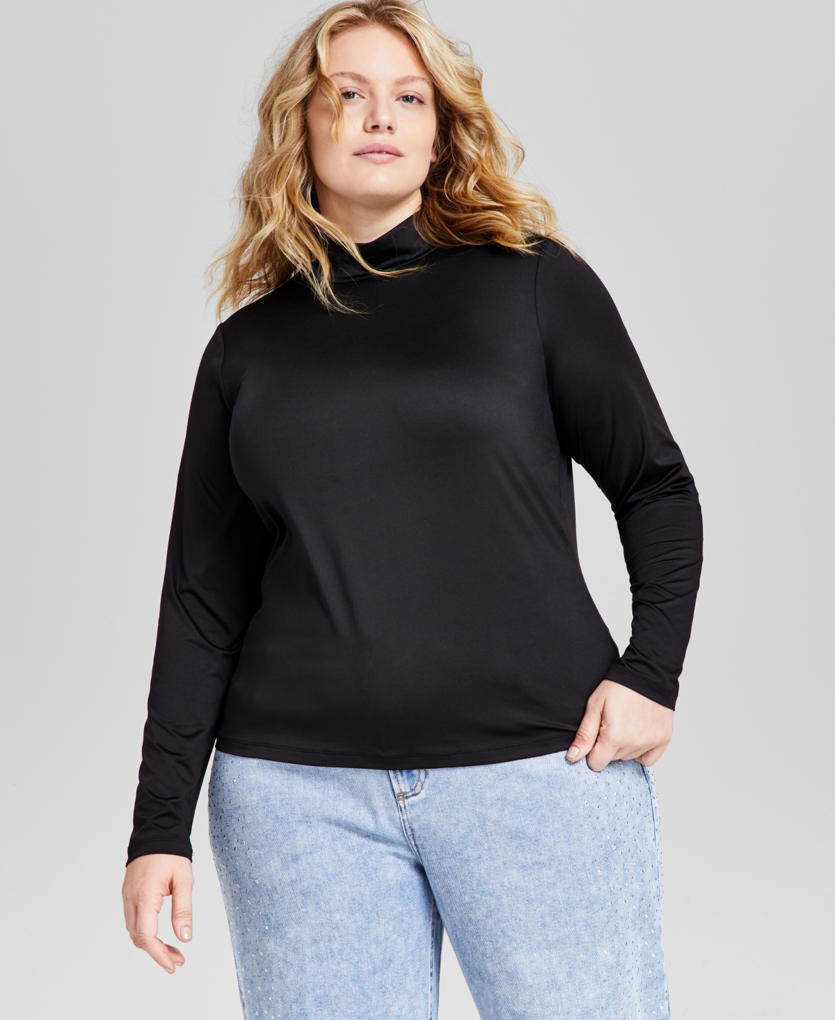 Trendy Plus Size Mock-Neck Long-Sleeve Top - Deep Black