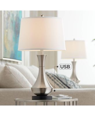 Simon Modern Table Lamps 25 1/2" High Set of 2 Brushed Nickel with USB Charging Port White Fabric Drum Shade for Bedroom Living Room Desk