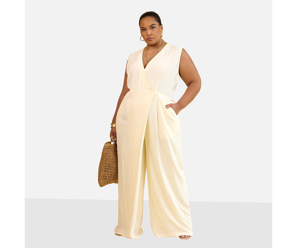 Plus Size Alia Wrap Overlay Wide Leg Jumpsuit - Beige