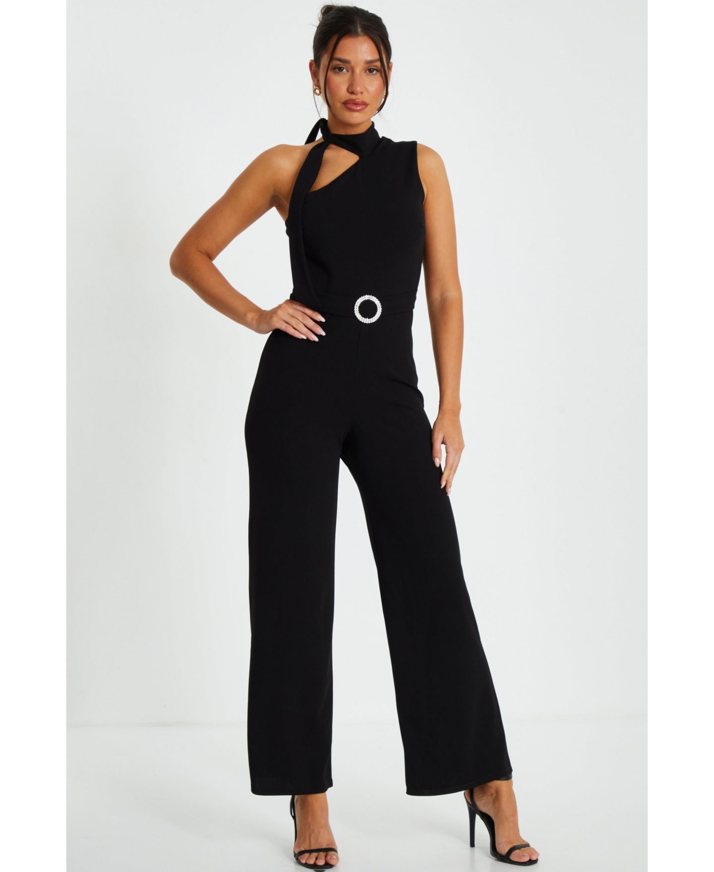 Женский комбинезон QUIZ Scuba Crepe Tie Neck Palazzo Jumpsuit, цвет: Чёрный — фото 1