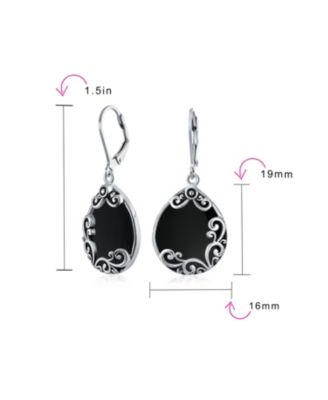 Boho Western Large Flat Teardrop Natural Stone Filigree Scroll Lever Back Dangle Earrings Oxidized .925 Sterling Silver