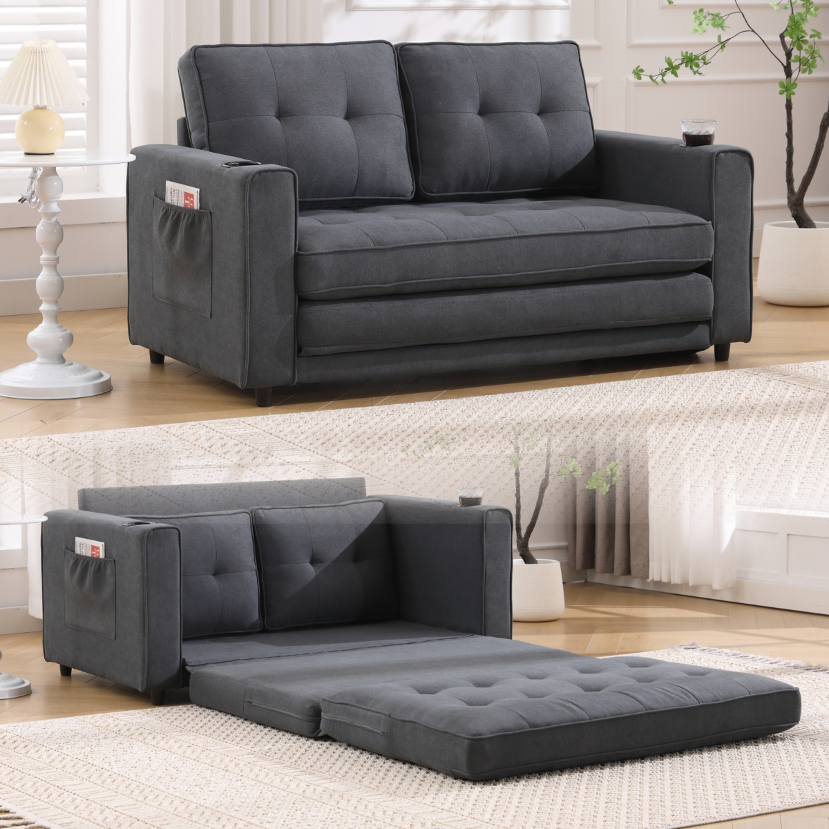 3-in-1 Tufted Futon Sofa Bed with Storage and Cup Holders