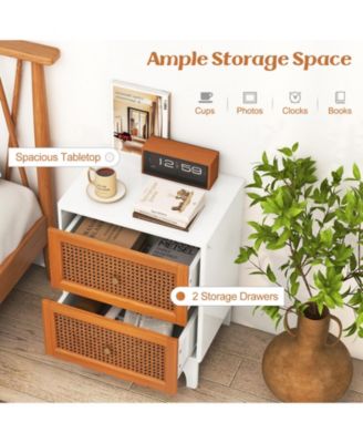 Boho Accent Table Nightstand with 2 Handwoven Rattan Decorated Drawers-White