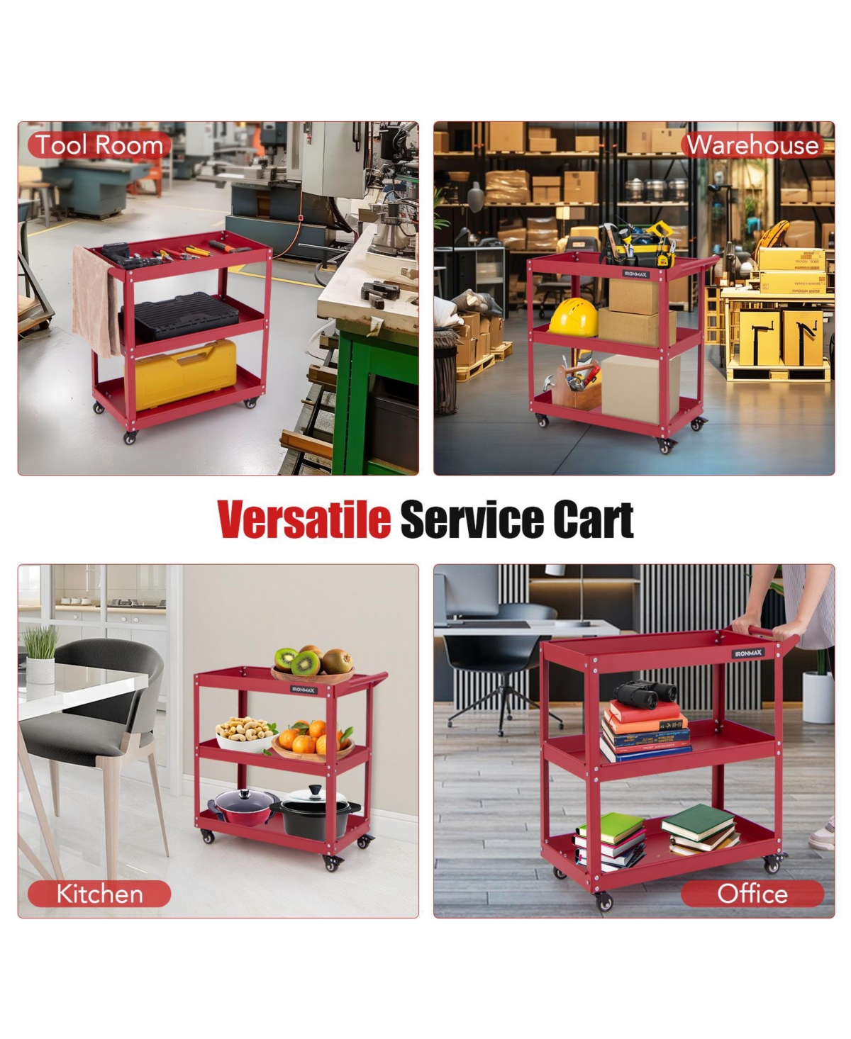 3-Tier Rolling Tool Cart with Lockable Wheels and Spacious Storage Shelves