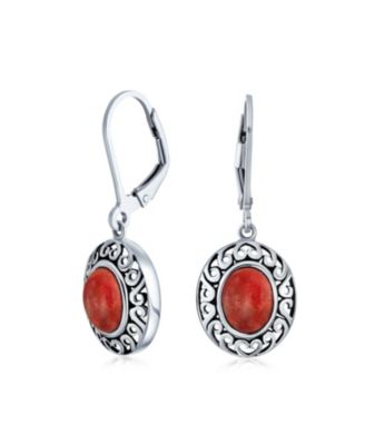3ct Red Natural Coral Dome Oval Western Style Bezel Set Lever Back Dangle Earrings For Women Sterling Silver