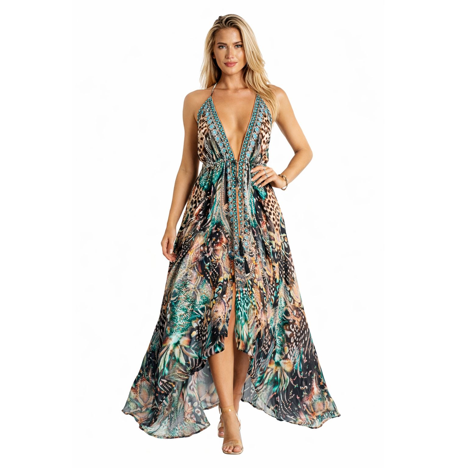 Women's Maxi Abstract Print Halterneck Dress