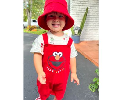 Toddler Boys Elmo French Terry Short Overalls T-Shirt and Hat 3 Piece Outfit Set Newborn to