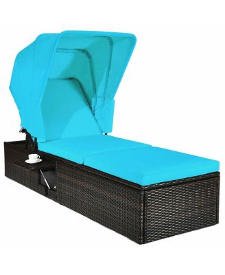 Chaise Cushioned Top Canopy Patio Rattan Lounge Chair with Tea Table