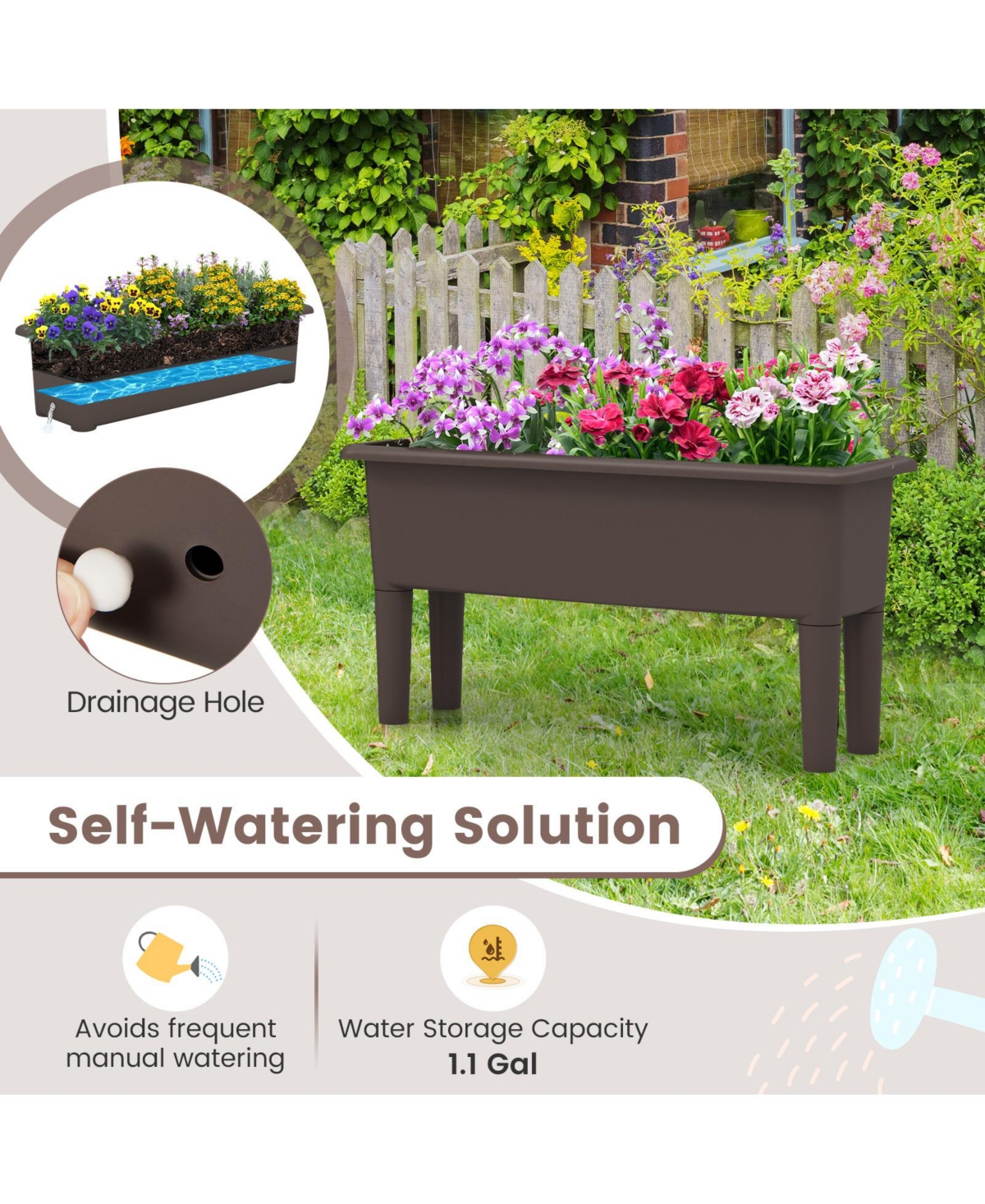 Slickblue 2 Pieces Raised Garden Beds Self-Watering Planter Box with Detachable Legs and Drainage Hole