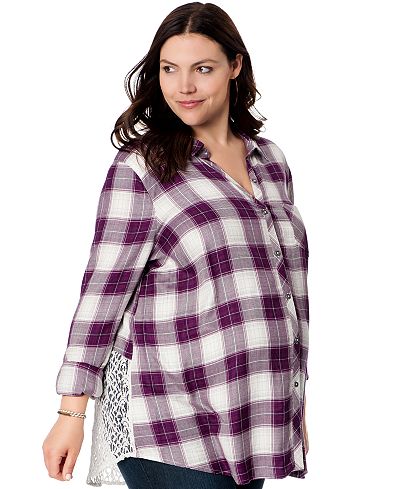 Wendy Bellissimo Maternity Plus Size Lace-Inset Plaid Shirt