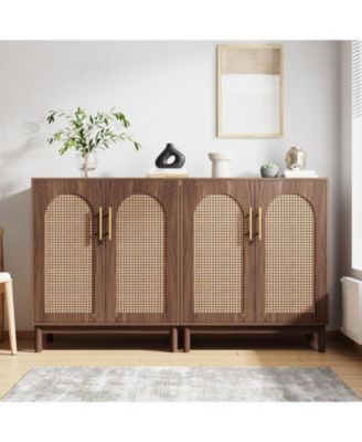 Set of 2 Rattan Sideboard Buffet Cabinet with Storage, 59 Inch Accent Cabinet with Doors, Storage Cabinet for Dining Room, Living Room, Kitchen, Ranttan and Brown